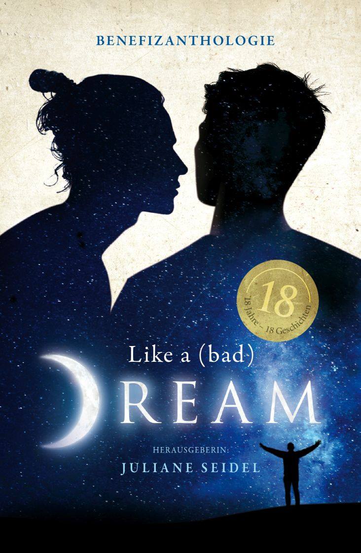 Buchcover der Anthologie Like A (bad) Dream; Silhouette von 2 Männern, in der ein Nachthimmel abgebildet ist.
