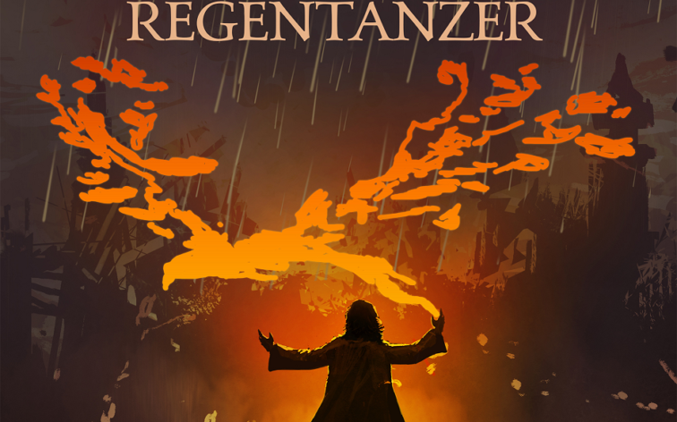 Das Buchcover zum Roman "Von Rache und Regen 1 – Regentänzer" von Annette Juretzki: Ein Mann beschwört einen Feuervogel aus seinen Händen und steht vor einer brennenden Stadt im Regen.